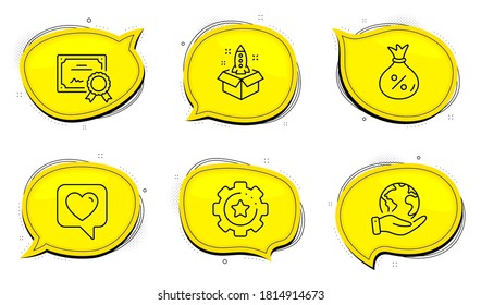 Heart sign. Diploma certificate, save planet chat bubbles. Settings gear, Loan and Startup line icons set. Technology process, Money bag, Innovation. Like rating. Technology set. Vector