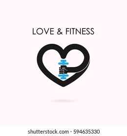 Heart sign and dumbbell icon.Fitness and gym logo.Healthcare,sport,medical and science symbol.Healthy lifestyle vector logo idea template.Vector illustration