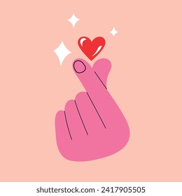 Heart sign. Finger love symbol. Happy Valentines Day. I love you hand gesture  vector illustration. Hand drawn design for print greeting cards, banner, poster