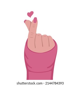 Heart sign fingers on hand. Finger love symbol. Vector Illustration for printing, backgrounds, covers, packaging, greeting cards, posters, stickers and seasonal design. Isolated on white background.
