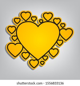Heart sign. Flat orange icon with overlapping linear black icon with gray shadow at whitish background. Illustration.