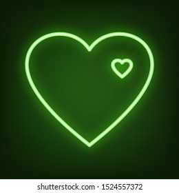 Heart sign. Green neon icon in the dark. Blurred lightening. Illustration.