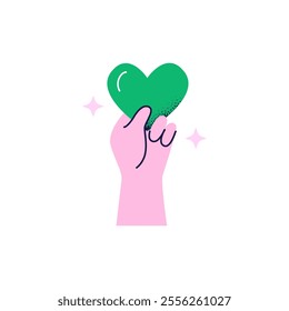 Heart sign in the human hand. Kindness, charity, and volunteering work concept. Vector flat illustration isolated on a white background.