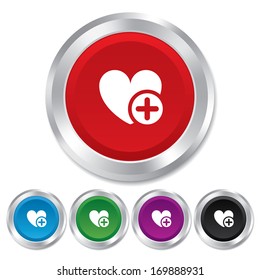 Heart sign icon. Add lover symbol. Plus love. Round metallic buttons. Vector