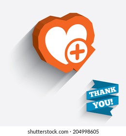 Heart sign icon. Add lover symbol. Plus love. White icon on orange 3D piece of wall. Carved in stone with long flat shadow. Vector