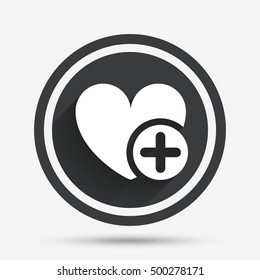 Heart sign icon. Add lover symbol. Plus love. Circle flat button with shadow and border. Vector