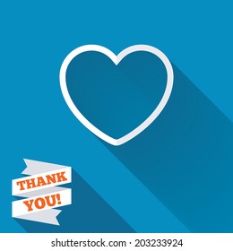 Heart sign icon. Love symbol. White flat icon with long shadow. Paper ribbon label with Thank you text. Vector