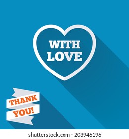 Heart sign icon. With Love symbol. White flat icon with long shadow. Paper ribbon label with Thank you text. Vector