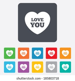 Heart sign icon. Love you symbol. Rounded squares 11 buttons. Vector