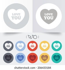 Heart sign icon. Love you symbol. Round 12 circle buttons. Shadow. Hand cursor pointer. Vector