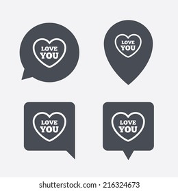 Heart sign icon. Love you symbol. Map pointers information buttons. Speech bubbles with icons. Vector