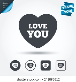 Heart sign icon. Love you symbol. Circle and square buttons. Flat design set. Thank you ribbon. Vector