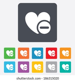 Heart sign icon. Remove lover symbol. Not love. Minus. Rounded squares 11 buttons. Vector