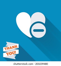 Heart sign icon. Remove lover symbol. Not love. Minus. White flat icon with long shadow. Paper ribbon label with Thank you text. Vector