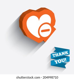 Heart sign icon. Remove lover symbol. Not love. Minus. White icon on orange 3D piece of wall. Carved in stone with long flat shadow. Vector