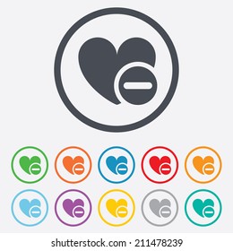 Heart sign icon. Remove lover symbol. Not love. Minus. Round circle buttons with frame. Vector