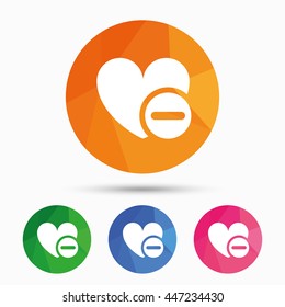 Heart sign icon. Remove lover symbol. Not love. Minus. Triangular low poly button with flat icon. Vector