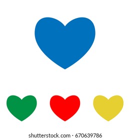 Heart sign illustration. Vector. Big blue flat icon with red, green and yellow small icons at white background. Isolated.