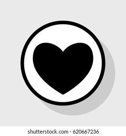 Heart sign illustration. Vector. Flat black icon in white circle with shadow at gray background.