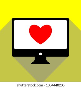 Heart sign illustration. Vector. Red icon on white monitor of black all-in-one desktop computer with two shadows at yellow background.