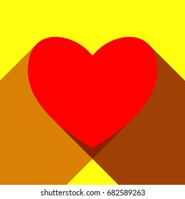 Heart sign illustration. Vector. Red icon with two flat reddish shadows on yellow background.