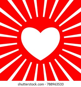 Heart sign illustration. Vector. White icon on red sun with rays as background. Isolated.