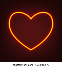 Heart sign illustration. Yellow, orange, red neon icon at dark reddish background. Illumination. Illustration.