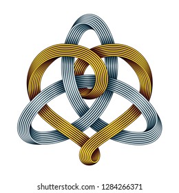 Heart sign interwoven with Triquetra celtic knot made of golden and silver mobius strips. Unity in love symbol. Vector illustration isolated on white background.