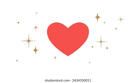 Signo del corazón, símbolo del amor con estrellas. Icono del corazón del amor con la estrella, fondo blanco. Símbolo de emoji de amor de corazón rojo simple, estrellas doradas gráficas, tarjeta de San Valentín, tarjeta de boda. Ilustración vectorial