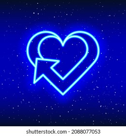 Conception néon du signal cardiaque avec flèche tournante interminable. Icône coeur-amour unique. Le design moderne et chaleureux. Signal de retour de rafraîchissement avec flèche de galaxie. Icône néon unique et réaliste. Icône linéaire sur bleu.