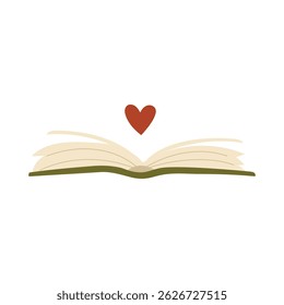 Heart sign and open book doodle style elements. Flat vector illustration isolated on white background.