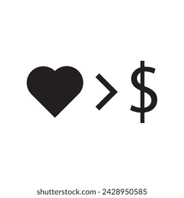 Heart sign over dollar sign. Love is more valuable than money sign. 