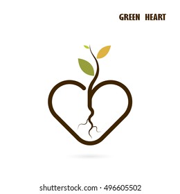 Heart sign and small tree icon with Green concept.Green leaf and heart shape symbol. Vector illustration.