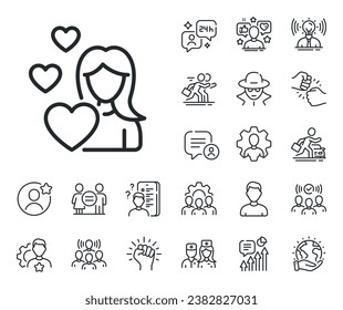 Heart sign. Specialist, doctor and job competition outline icons. Woman in Love line icon. Valentines day symbol. Love line sign. Avatar placeholder, spy headshot icon. Strike leader. Vector
