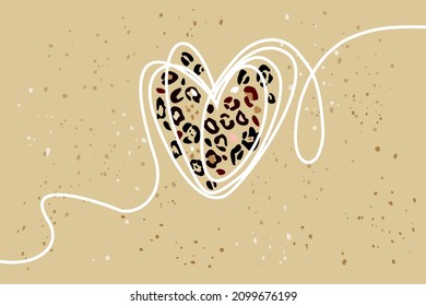 heart sign and stylized leopard pattern inside the heart. Love, beauty, fashion concept. one continuous line vector graphic illustration. Valentine's Day beauty banner