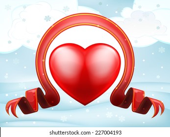 heart sign with xmas bow at winter scenery vector illustration