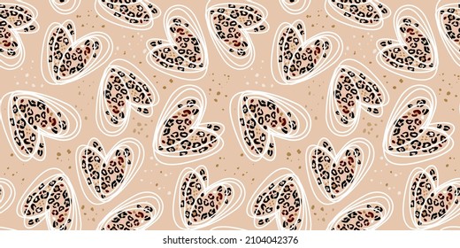 Heart signs seamless pattern and stylized leopard pattern inside the heart. Pink concept background Love, beauty, fashion. One continuous line drawing and spots of animal skin.