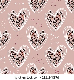 Heart signs seamless pattern and stylized leopard pattern inside the heart. Pink concept background Love, beauty, fashion. One continuous line drawing and spots of animal skin.