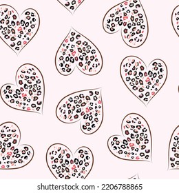 Heart signs seamless pattern and stylized leopard pattern inside the heart. Pink concept background Love, beauty, fashion. One line drawing and spots of animal skin.