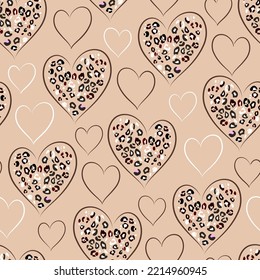 Heart signs seamless pattern and stylized leopard pattern inside the heart. Pink concept background Love, beauty, fashion. One continuous line drawing and spots of animal skin.