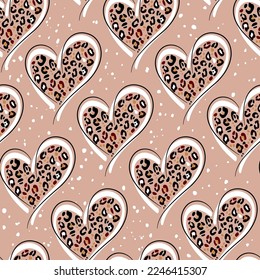 Heart signs seamless pattern and stylized leopard pattern inside the heart. Pink concept background Love, beauty, fashion. One continuous line drawing and spots of animal skin.