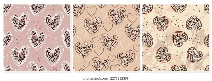 Heart signs seamless pattern and stylized leopard pattern inside the heart. Pink concept background Love, beauty, fashion. One continuous line drawing and spots of animal skin.