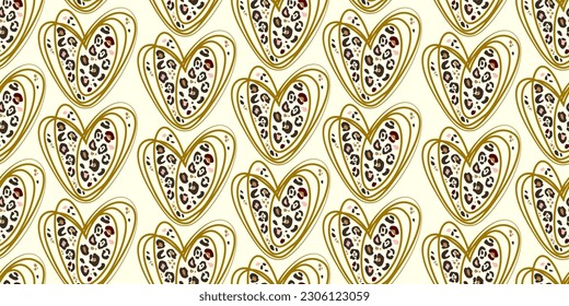 Heart signs seamless pattern and stylized  inside the heart. Concept background Love, beauty, fashion. One continuous line drawing and spots of animal skin.