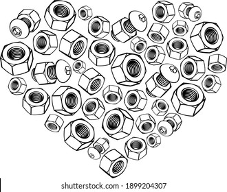 Heart silhouette with black bolts and screws. Concept of Valentine Day and happy fathers day, symbol for robotic heart, mechanism. Vector line illustration on transparent background.