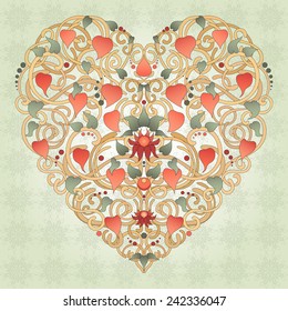 Heart silhouette created by floral ornament. Physalis, leaves and twisted branches. Can represent love, Valentine's Day, romance.