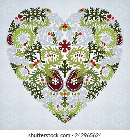 Heart silhouette created by floral ornament. Lacy leaves. Can represent love, Valentine's Day, romance.