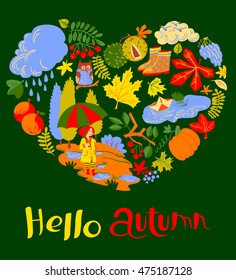 Heart silhouette from fall season nature objects. Vector greeting card with girl with umbrella, paper boat, pumpkin, leaves and owl on branch.  Background with Hello autumn hand drawn text