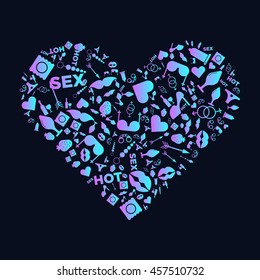 The heart silhouette filled by different sex shop icons. New design, good colors, great concept and idea for sex shop and sex industry. Vector icons. 