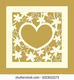 Heart silhouette with flowers. Abstract floral pattern. Laser cut template for decorative square panel. Modern vector design for stencil, wedding favor box, gift box, paper, wood, metal cutting.