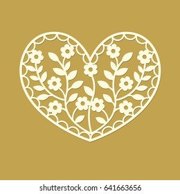 Heart silhouette with flowers and leaves. Laser cut template pattern for decorative panel. Modern design for stencil, wedding favor box, gift box, paper, wood, metal cutting. Vector illustration.